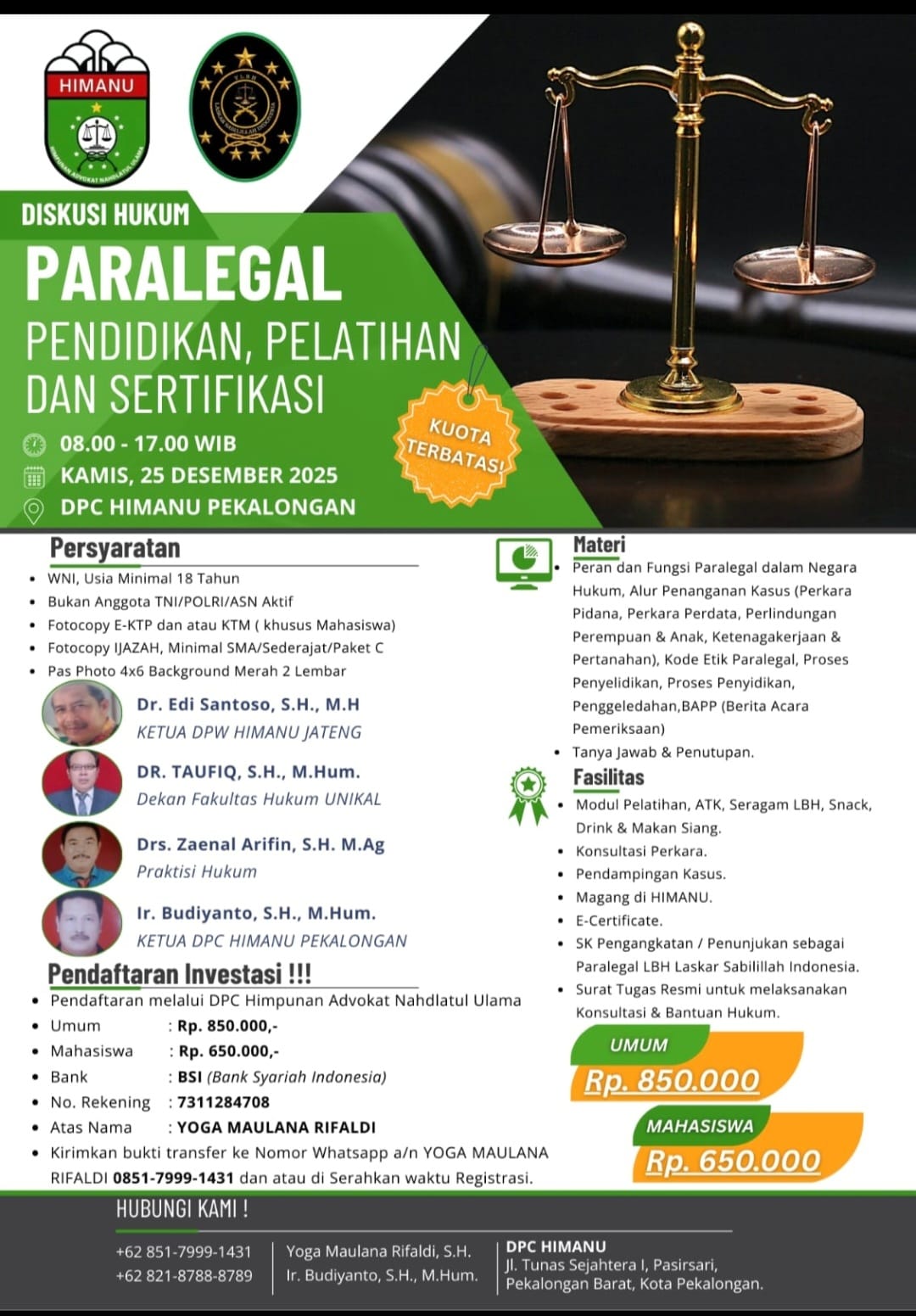 Pelatihan Paralegal Digelar DPC Himanu Kota Pekalongan